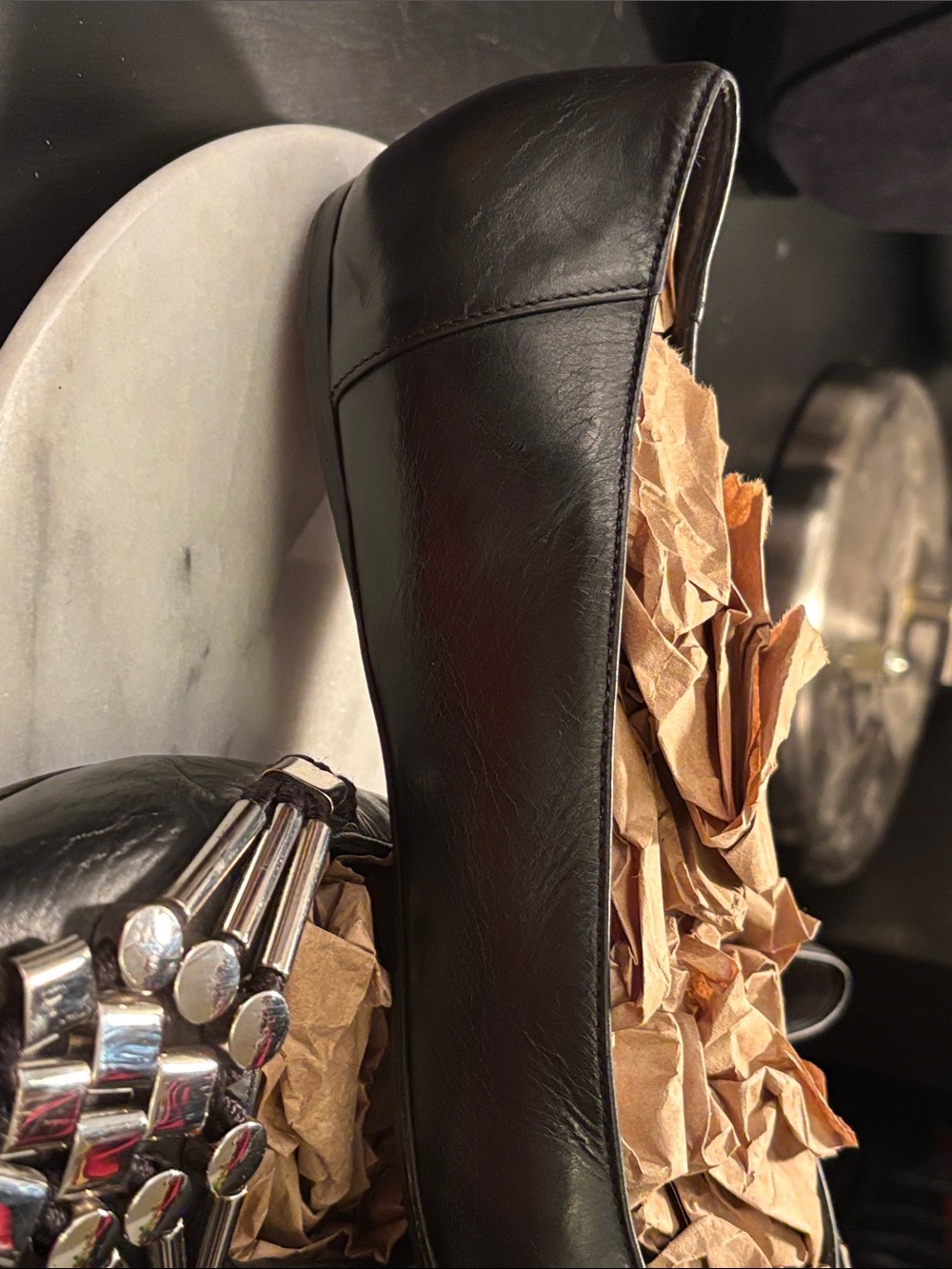 Gucci Black Leather Flats with Silver-Tone Stud Embellishments - Picture 9 of 13